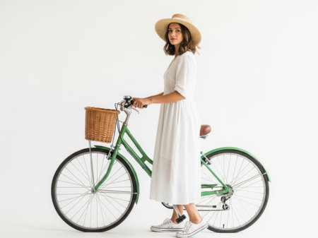 Full length portrait of a beautiful woman standing with bicycle isolated on a white backgroundの素材