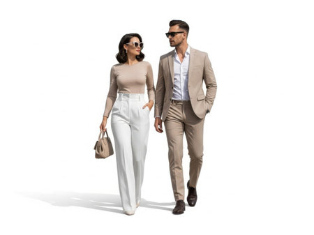full length view of happy young couple in sunglasses walking isolated on whiteの素材