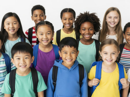 Group of children with backpacks smiling and looking at camera on white backgroundの素材