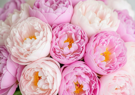 A detailed view of numerous fully bloomed roses in varying shades of pink and white, showcasing their delicate petals.の素材
