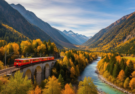 A bright red train traverses a scenic mountain valley filled with colorful autumn trees and a clear river.の素材