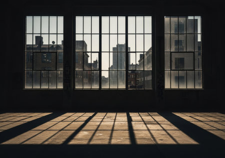Sunlight casts geometric shadows across a rustic wooden floor through large, barred industrial windows overlooking a cityscape.の素材