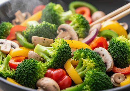 A close-up shot of colorful broccoli, bell peppers, mushrooms, and red onion being stir-fried in a wok with chopsticks.の素材