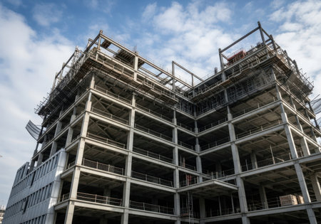 A raw concrete building skeleton rises against a dramatic sky, showcasing its unfinished floors and structural framework.の素材