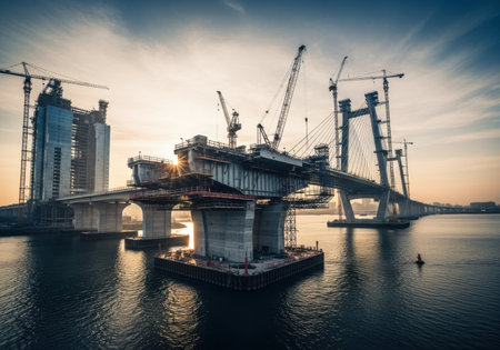 A large bridge is under construction over water, with cranes and scaffolding silhouetted against a vibrant sunset.の素材