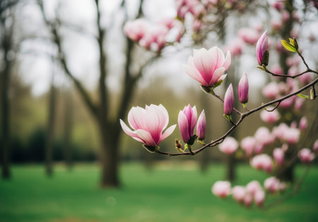 Soft pink magnolia flowers and buds grace a tree branch, with a blurred park background suggesting a peaceful spring scene.の素材
