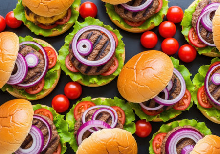 A vibrant, top-down view of several freshly prepared burgers adorned with lettuce and red onion, interspersed with bright red cherry tomatoes.の素材