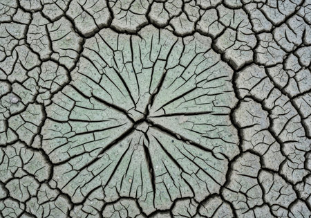 Close-up view of dry, cracked earth forming a starburst pattern at the center, with radiating lines and polygonal fissures.の素材