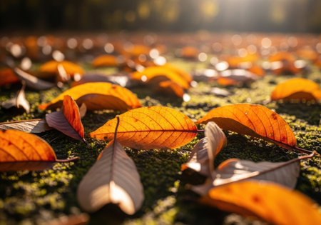 A close-up view of fallen autumn leaves scattered across a mossy forest floor, illuminated by warm sunlight.の素材