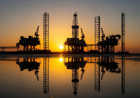 Multiple offshore oil rigs are silhouetted against a vibrant sunset, their reflections shimmering on the calm water surface.の素材