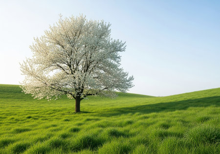 A solitary tree in full bloom stands in a vibrant green field under a clear blue sky.の素材