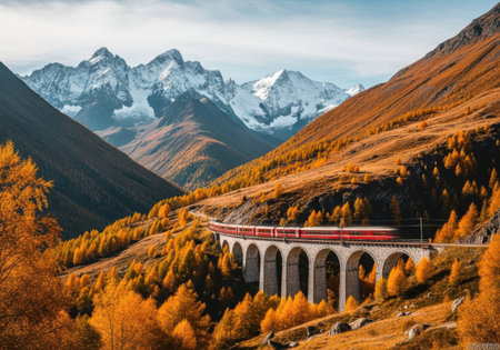 A vibrant red train travels across a viaduct in the Swiss Alps during autumn, surrounded by golden foliage and snow-capped mountains.の素材