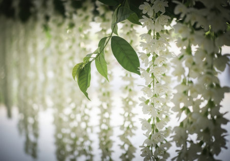 A close-up view of numerous small white flowers hanging in clusters, with a few green leaves visible.の素材