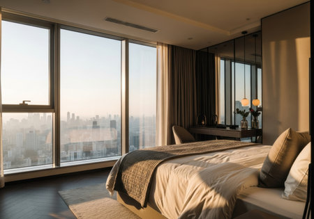 A luxurious bedroom with a large window offering a panoramic view of a city skyline at sunset.の素材