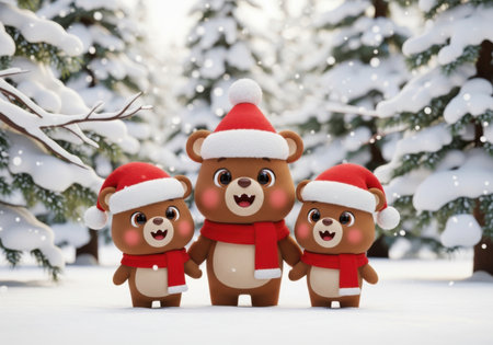 Three cute teddy bears dressed in festive Christmas attire stand together in a snow-covered forest, ready for the holidays.の素材