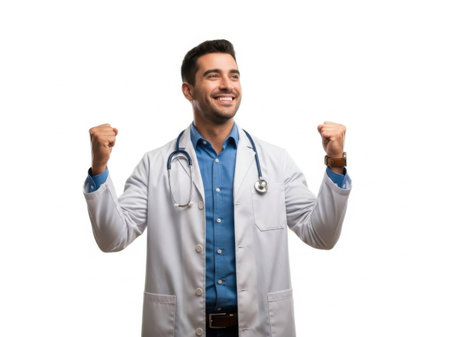 Handsome young doctor man celebrating a victory, with both hands in the air, isolated on white backgroundの素材