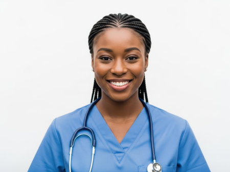 african american nurse or doctor with stethoscope smiling at cameraの素材