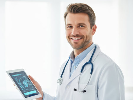 healthcare, technology and medicine concept - smiling male doctor with tablet pc computerの素材