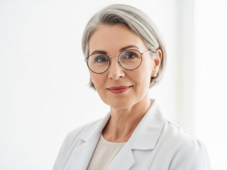 healthcare, profession and people concept - smiling senior female doctor in eyeglasses over white backgroundの素材