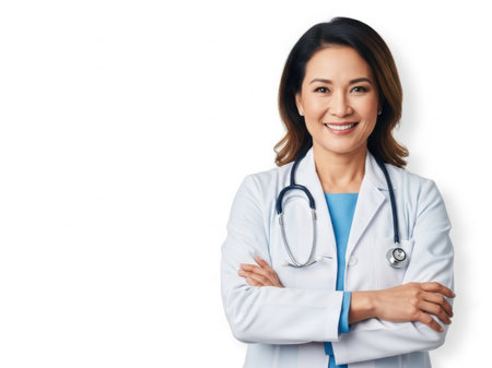 Portrait of smiling asian female doctor with stethoscope isolated on white backgroundの素材