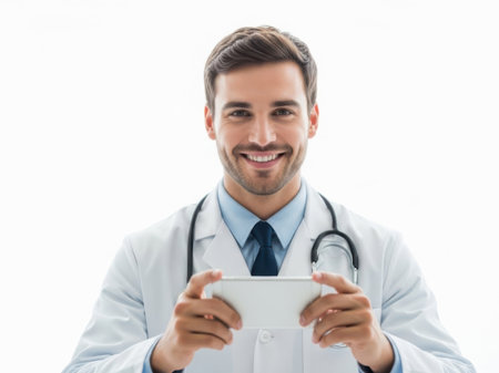 smiling doctor holding smartphone with blank screen and looking at camera isolated on whiteの素材