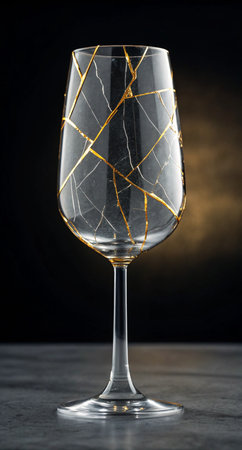 Broken wine glass on a black background. Copy space. Close up.の素材