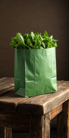 Green paper bag full of fresh mint leaves on a wooden table.の素材