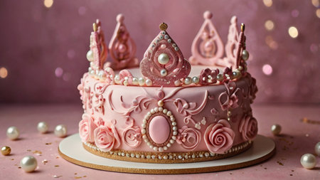 Beautiful pink birthday cake with a crown on a pink background.の素材