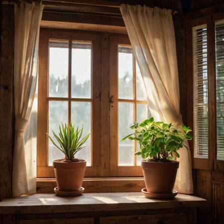 Window in a wooden house with green plants in pots on the windowsillの素材