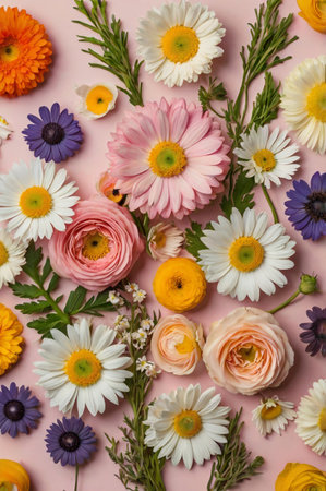 Colorful summer flowers on pink background. Flat lay, top viewの素材