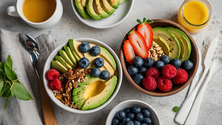 Healthy breakfast bowl with oatmeal, berries, avocado, blueberries and strawberriesの素材