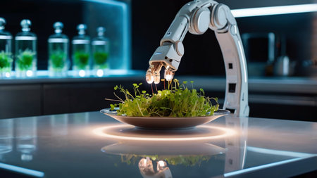 Close-up of a robotic hand holding microgreens in the kitchenの素材