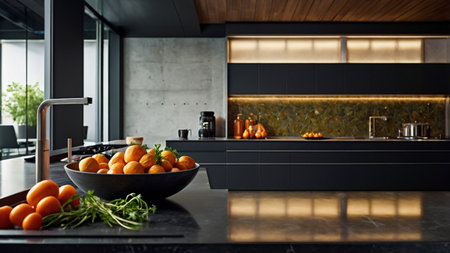 Contemporary kitchen interior with black marble countertop and built in sink with fresh orangesの素材