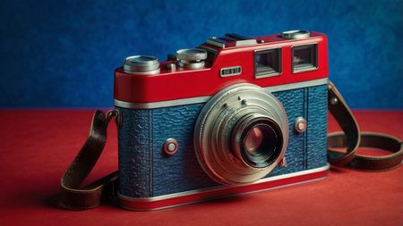 Vintage camera on red background. Retro camera on red background.の素材
