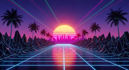 Futuristic sci-fi landscape with neon lights. Vector illustration.の素材