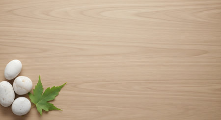 White mushrooms and green maple leaf on wooden background. Top view.の素材