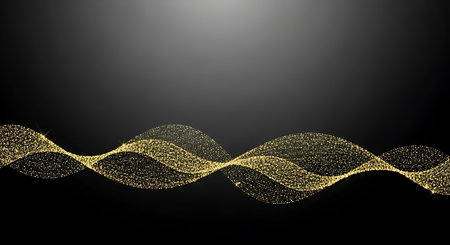 Abstract golden glitter wave on dark background. Vector illustration for your designの素材