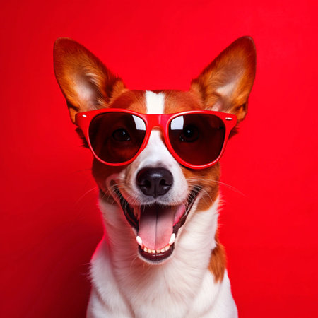 Happy Dog with Sunglasses and Floating Ring Vector Illustration Clipart And Line Art Designs, Happy dog with sunglasses, floating ring vector for fun summer designsの写真素材
