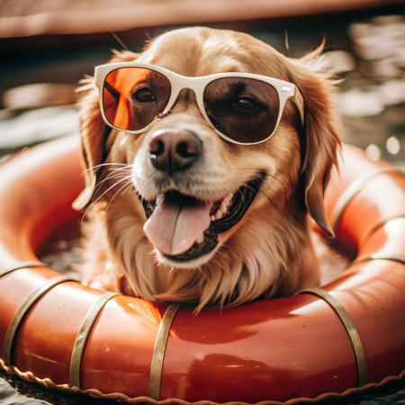 Happy Dog with Sunglasses and Floating Ring Vector Illustration Clipart And Line Art Designs, Happy...
