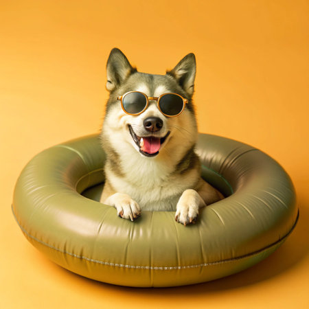 Happy Dog with Sunglasses and Floating Ring Vector Illustration Clipart And Line Art Designs, Happy...