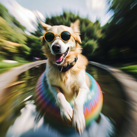 Happy Dog with Sunglasses and Floating Ring Vector Illustration Clipart And Line Art Designs, Happy dog with sunglasses, floating ring vector for fun summer designsの写真素材