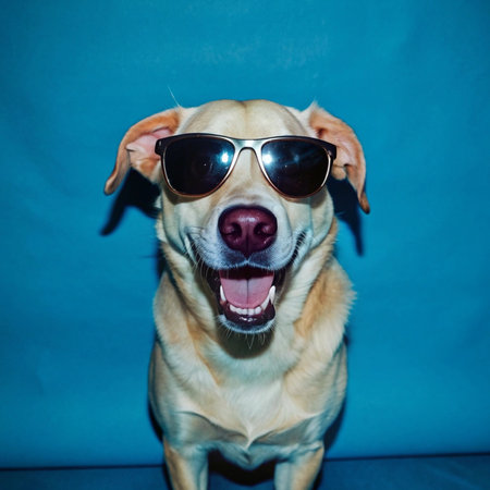 Happy Dog with Sunglasses and Floating Ring Vector Illustration Clipart And Line Art Designs, Happy dog with sunglasses, floating ring vector for fun summer designsの写真素材