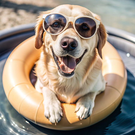 Happy Dog with Sunglasses and Floating Ring Vector Illustration Clipart And Line Art Designs, Happy dog with sunglasses, floating ring vector for fun summer designsの写真素材