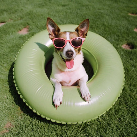 Happy Dog with Sunglasses and Floating Ring Vector Illustration Clipart And Line Art Designs, Happy dog with sunglasses, floating ring vector for fun summer designsの写真素材