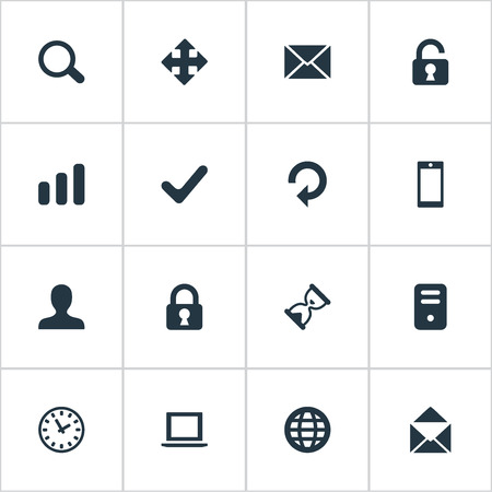 Set Of 16 Simple Application Icons. Can Be Found Such Elements As Open Padlock, Smartphone, Message And Other.のイラスト素材
