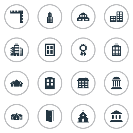 Set Of 16 Simple Architecture Icons. Can Be Found Such Elements As Residence, Offices, Booth And Other.のイラスト素材