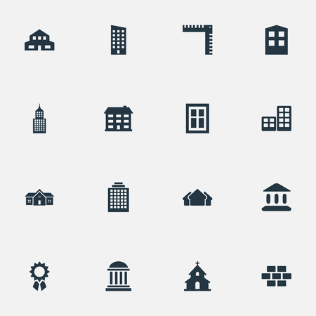 Set Of 16 Simple Architecture Icons. Can Be Found Such Elements As Length, Glazing, Reward And Other.のイラスト素材