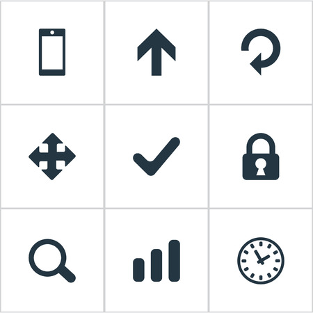 Set Of 9 Simple Apps Icons. Can Be Found Such Elements As Arrows, Upward Direction, Watch And Other.のイラスト素材