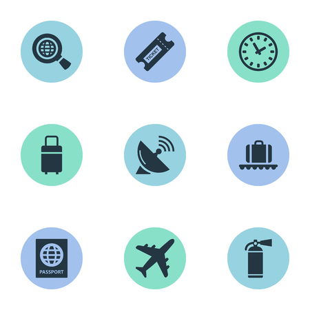 Set Of 9 Simple Transportation Icons. Can Be Found Such Elements As Antenna, Watch, Luggage Carousel And Other.のイラスト素材