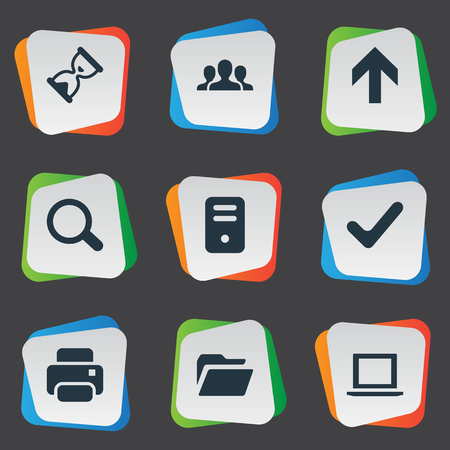 Set Of 9 Simple Apps Icons. Can Be Found Such Elements As Upward Direction, Check, Computer Case And Other.のイラスト素材